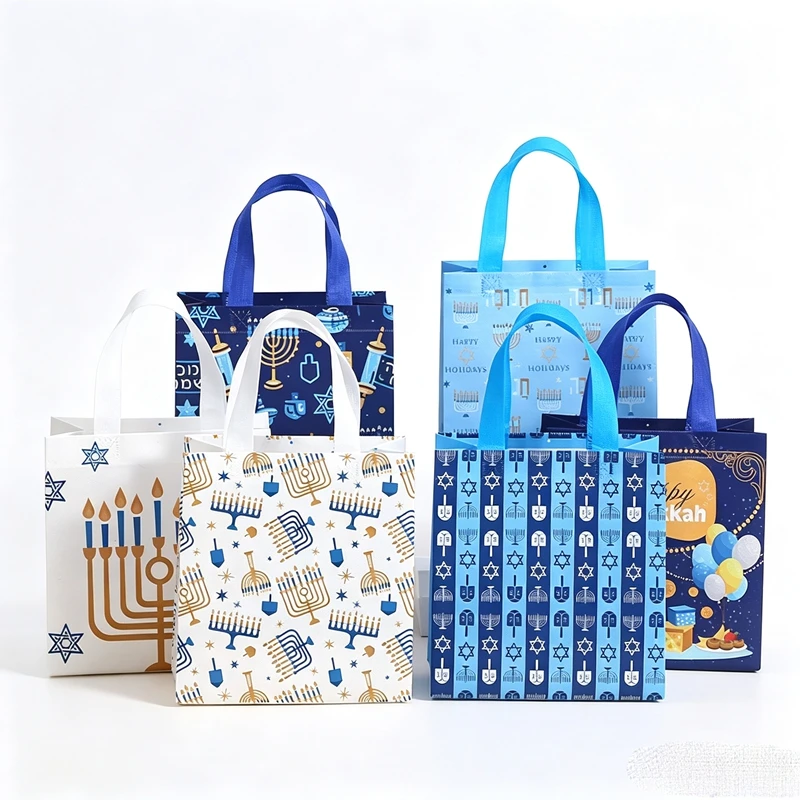 Packaging - 50個入り、おしゃれなユダヤ教の祝祭用、持ち手付きの不織布製トートバッグ。ハヌカのキャンディやお菓子を入れるのに最適。ユダヤ教の装飾品としても使用可能。再利用可能なギフトバッグ。
